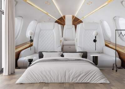 Private jet with gold-trimmed interiors and plush white leather seats, [luxury design], [exclusive travel].  ,closes up Wall mural